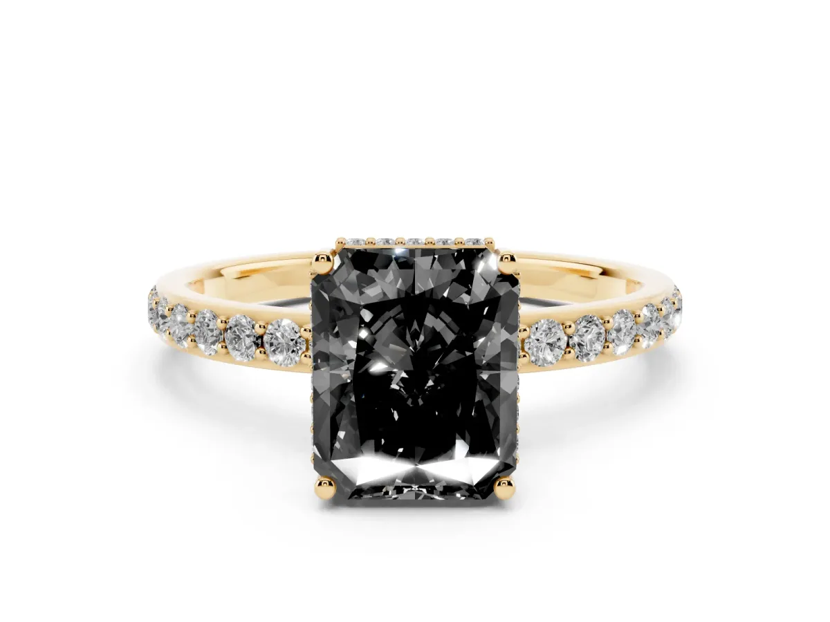 Fancy Black Radiant Cut Diamond Solitaire Ring with Pavé Band and Hidden Halo Yellow gold