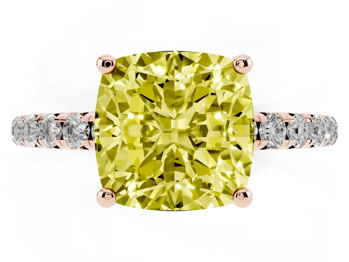 Fancy Yellow Cushion Cut Cut Diamond Solitaire Ring with Micro Pave Band and Four Prong Setting Rose gold