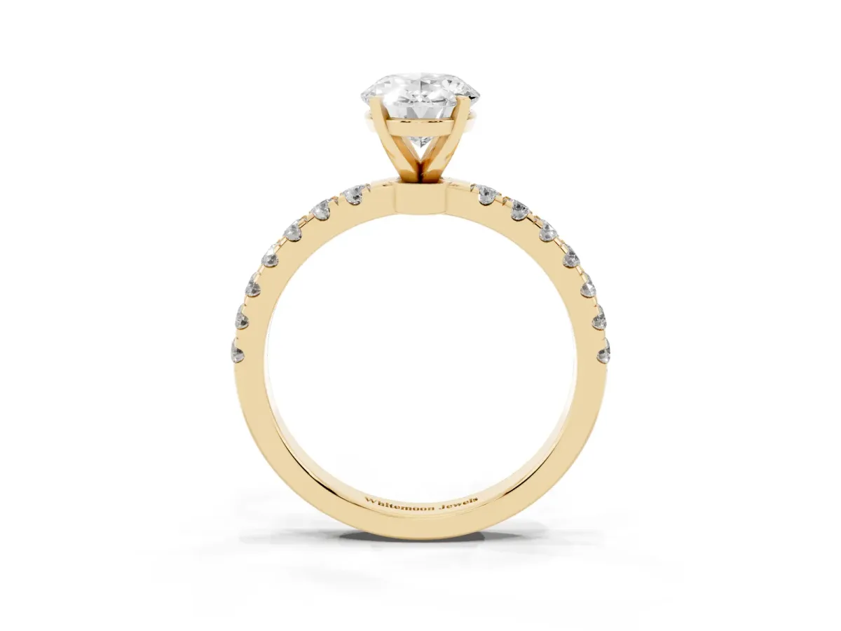 Oval Cut Diamond Solitaire Ring with Pavé Accents and Four-Prong Setting Yellow gold