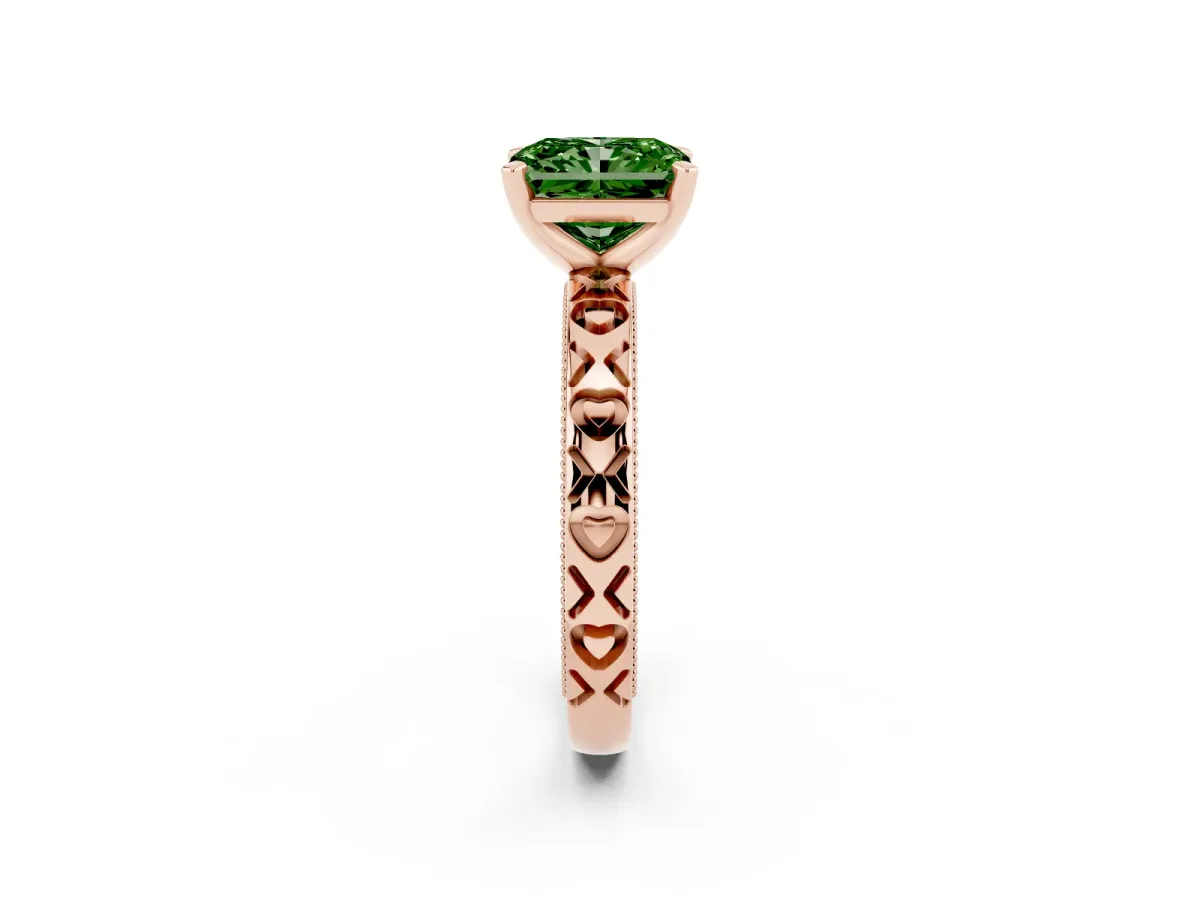Fancy Green Radiant Cut Solitaire Diamond Engagement Ring with XO Engraved Band and Four-Prong Setting Rose gold