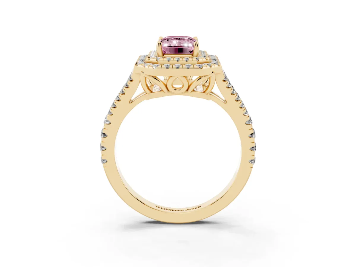 Fancy Pink Emerald Cut Diamond Double Halo Ring with Pavé Band and Prong Setting Yellow gold