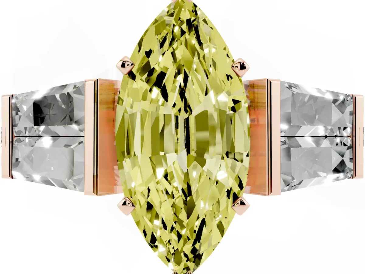 Fancy Yellow Marquise Cut Diamond Engagement Ring with Baguette Side Stones and Channel Set Band Rose gold