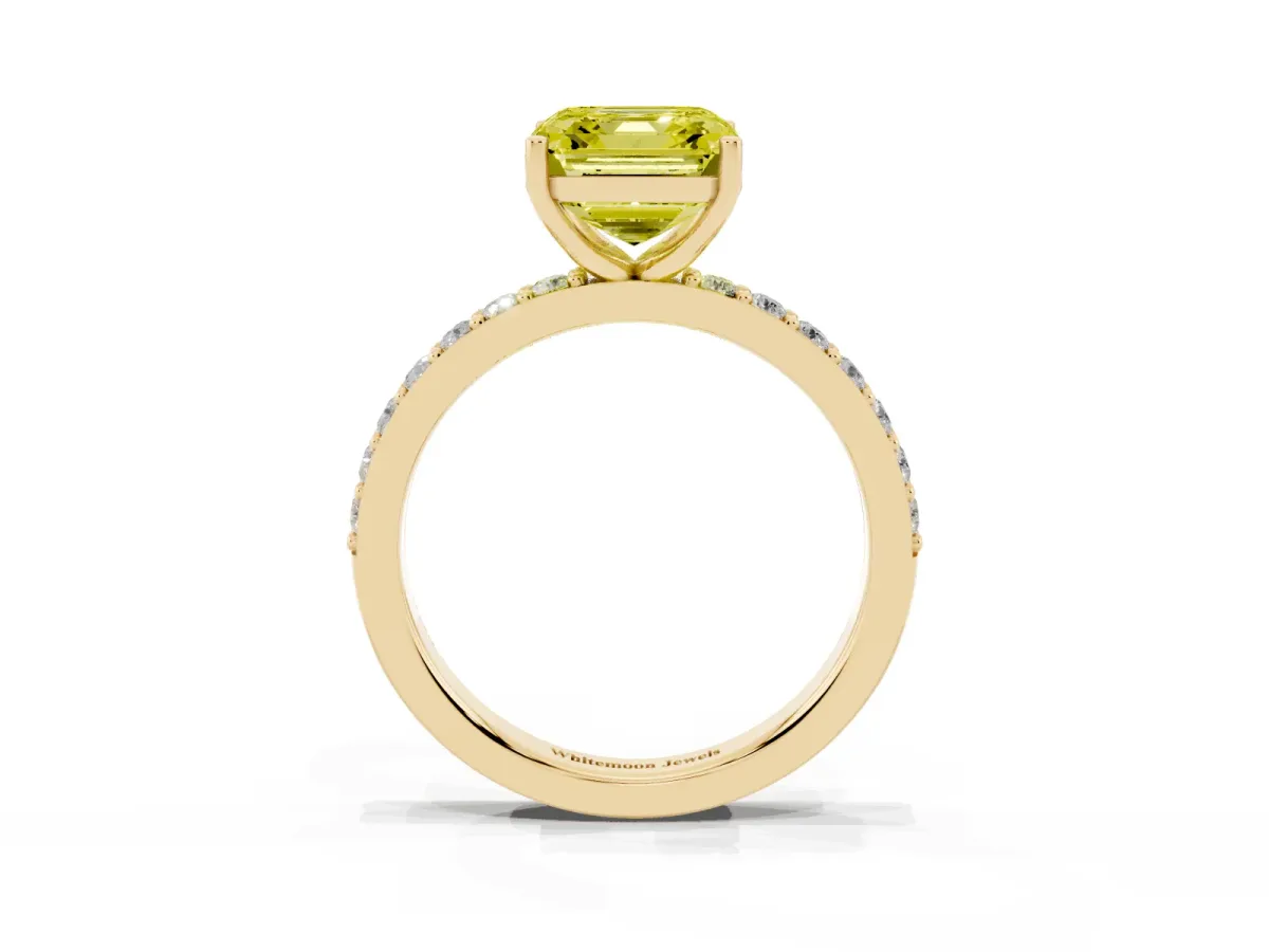 Fancy Yellow Asscher Cut Cut Diamond Solitaire with Pave Band and Four-Prong Setting Yellow gold