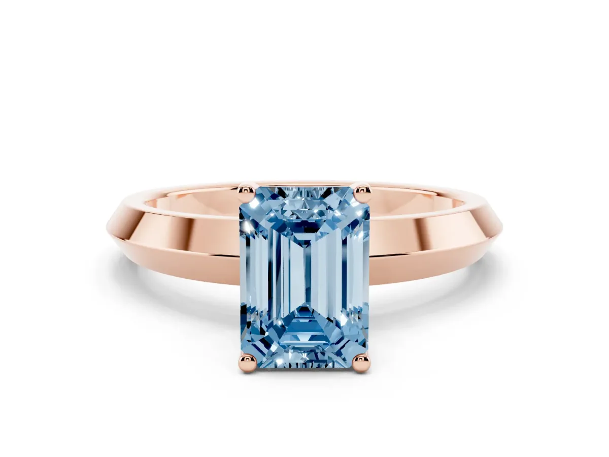 Fancy Blue Emerald Cut Cut Solitaire Engagement Ring with Flat Band and Four-Prong Setting Rose gold