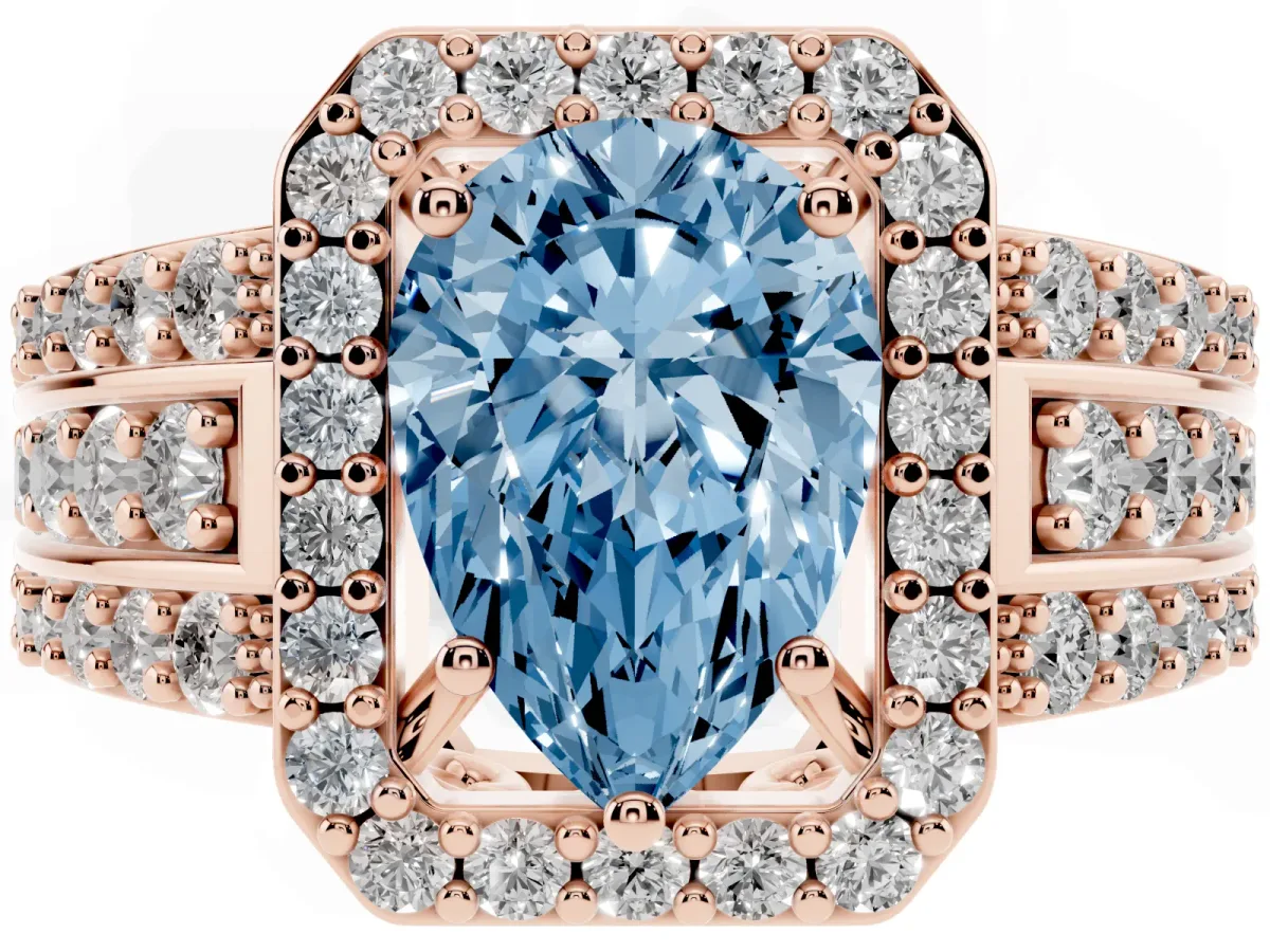 Fancy Blue Pear Cut Halo Diamond Ring with Round Split Shank and Prong Setting Rose gold