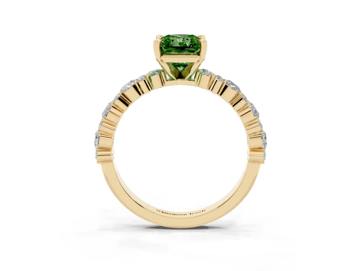 Fancy Green Radiant Cut Diamond Side Stone Solitaire Ring with Round and Four-Prong Setting Yellow gold