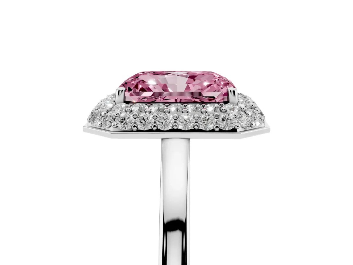 Fancy Pink Radiant Cut Halo Diamond Engagement Ring with Solitaire Band and Four-Prong Setting Silver
