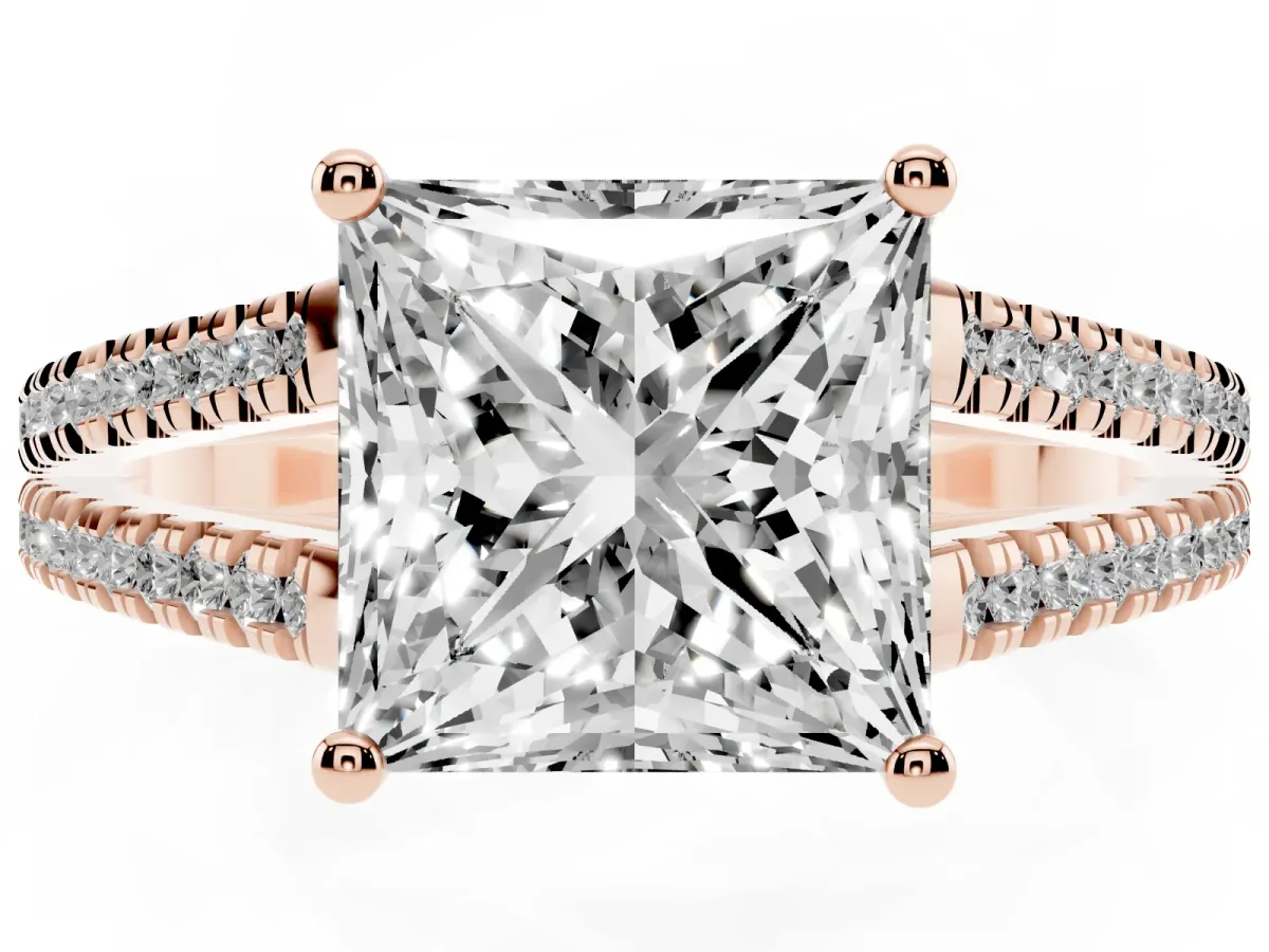 Princess Cut Diamond Solitaire Engagement Ring with Split Shank Pavé Band Rose gold