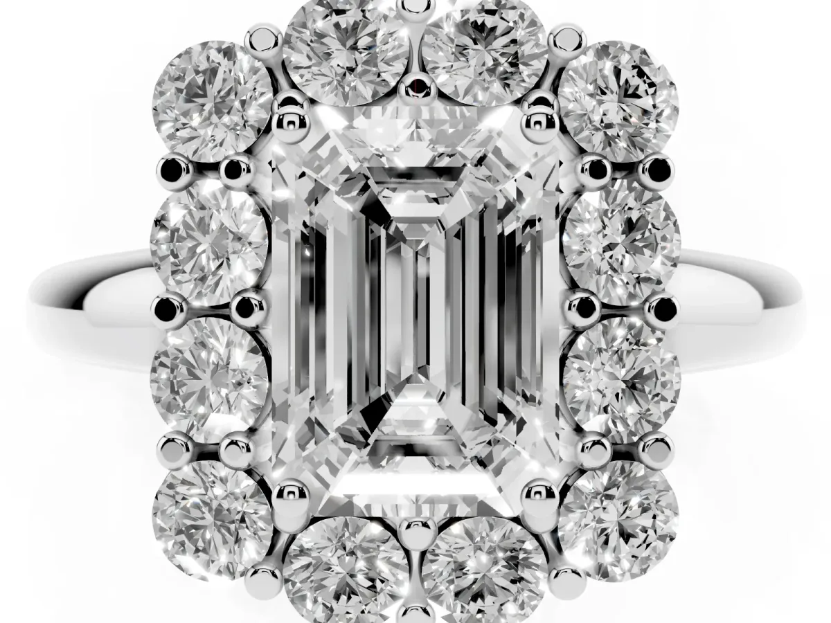 Emerald Cut Halo Cluster Diamond Engagement Ring with Prong Setting and Polished Band Silver