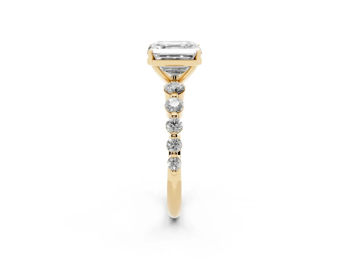 Asscher Cut Solitaire Diamond Ring with Pave Band and Four-Prong Setting Yellow gold