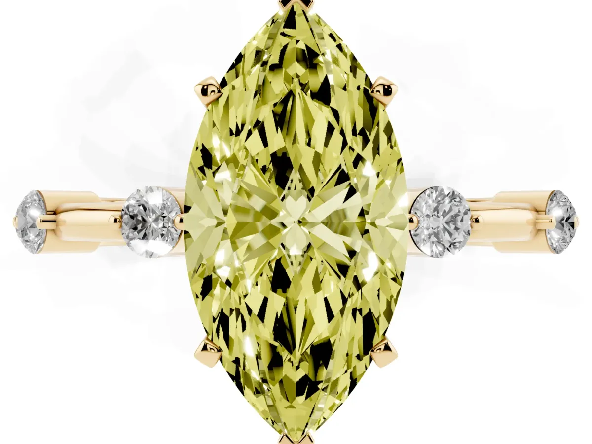 Fancy Yellow Marquise Cut Solitaire Diamond Ring with Bezel Set Side Stones and Prong Setting Yellow gold