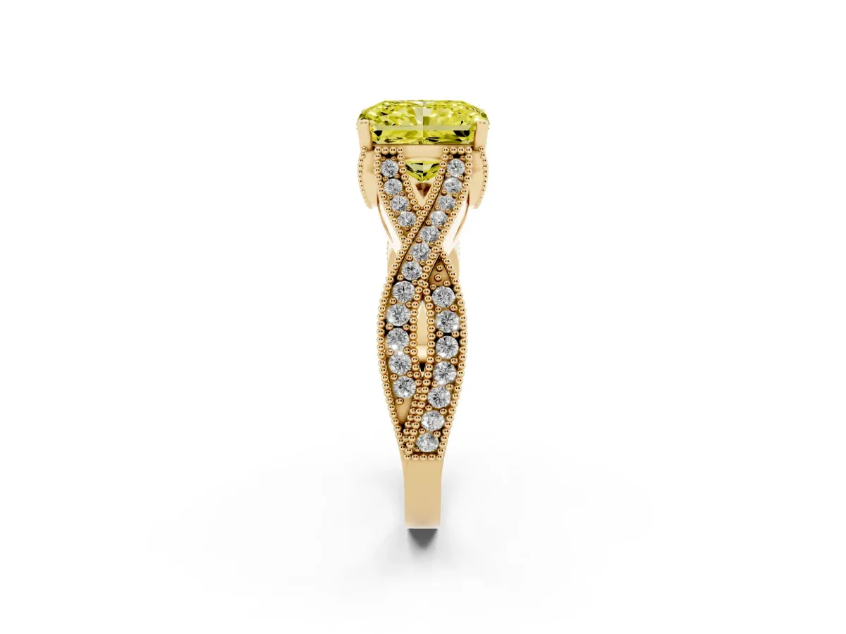 Fancy Yellow Radiant Cut Cut Diamond Twisted Band with Milgrain Pave Setting and Four-Prong Setting Yellow gold