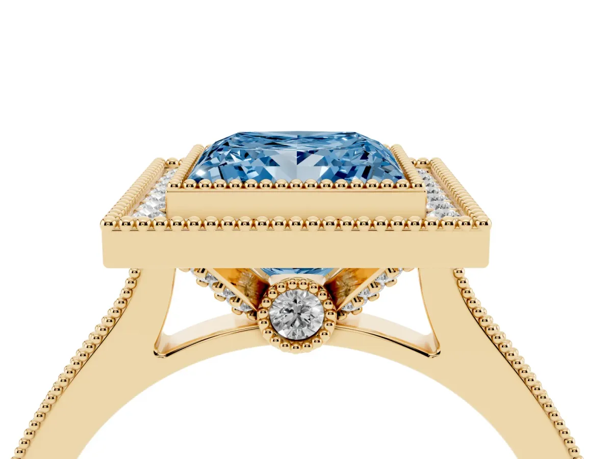 Fancy Blue Halo Princess Cut-Cut Diamond Pave Band Milgrain Prong Setting Ring Yellow gold