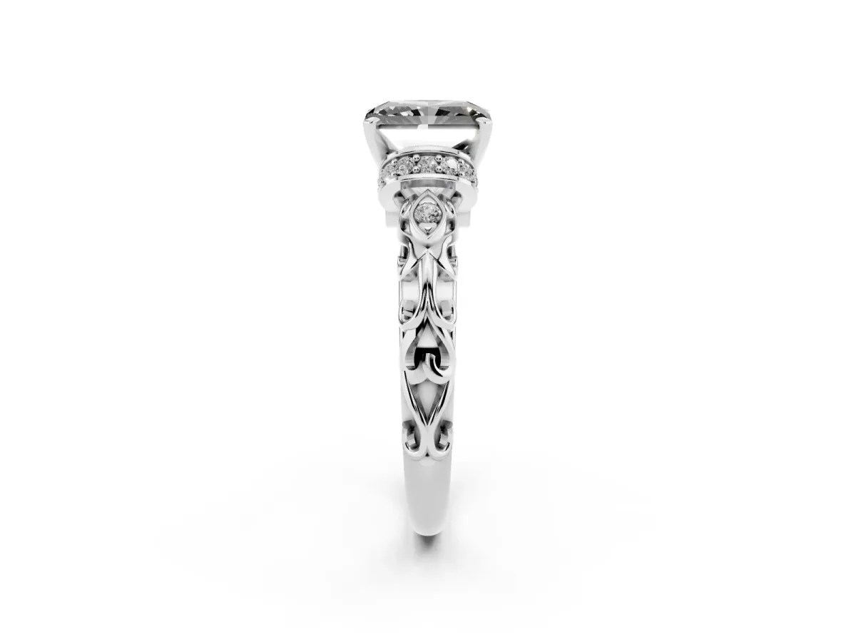 Fancy Black Radiant Cut Diamond Solitaire Ring with Filigree Band and Four-Prong Setting Silver
