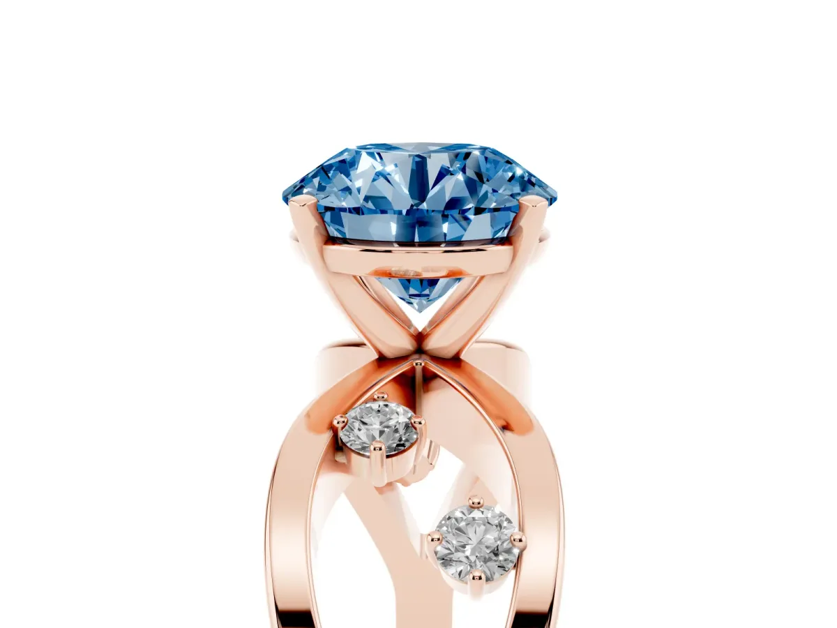 Fancy Blue Round Cut Cut Solitaire Diamond with Side Stones on Criss-Cross Band and Four-Prong Setting Rose gold