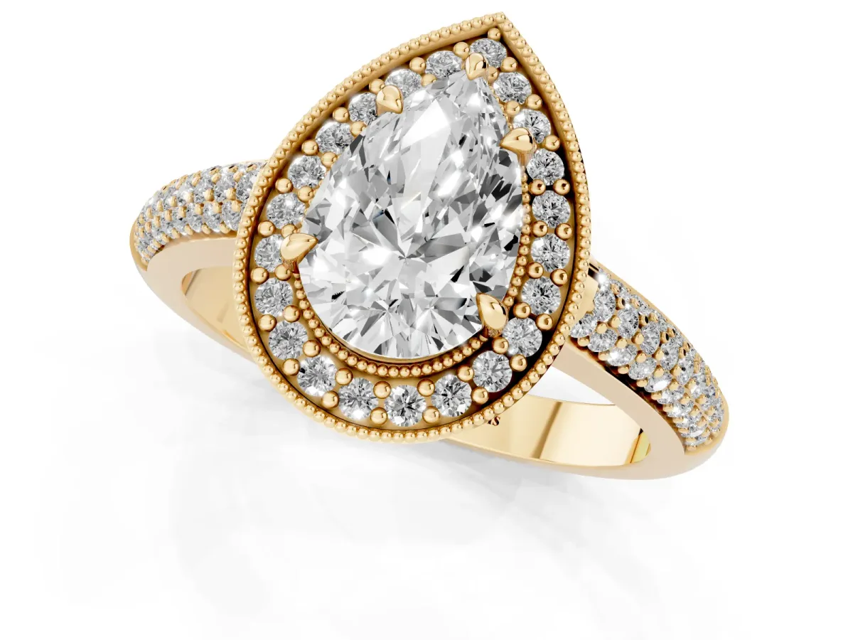 Pear Cut Cut Halo Diamond Pave Band with Four-Prong Setting Yellow gold