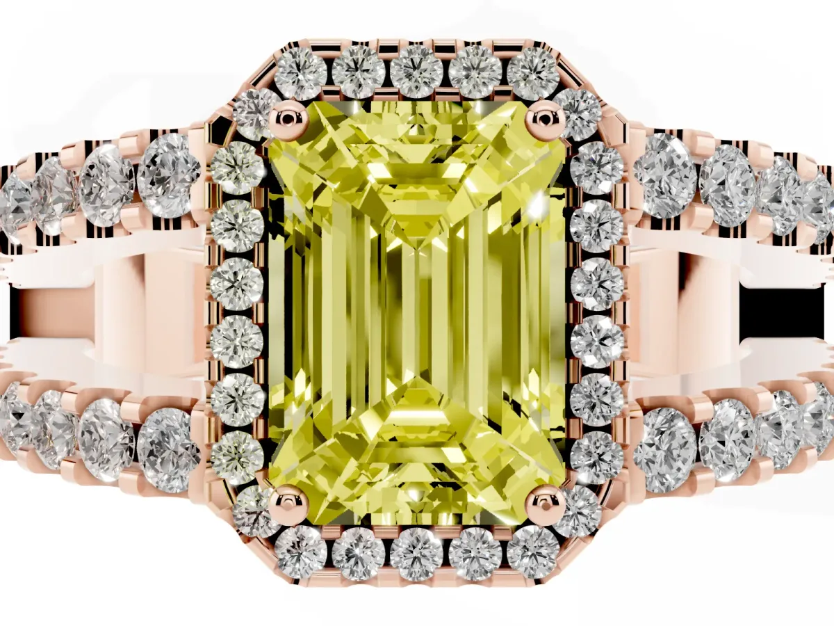 Fancy Yellow Emerald Cut Cut Halo Split Shank Diamond Ring with Four-Prong Setting Rose gold