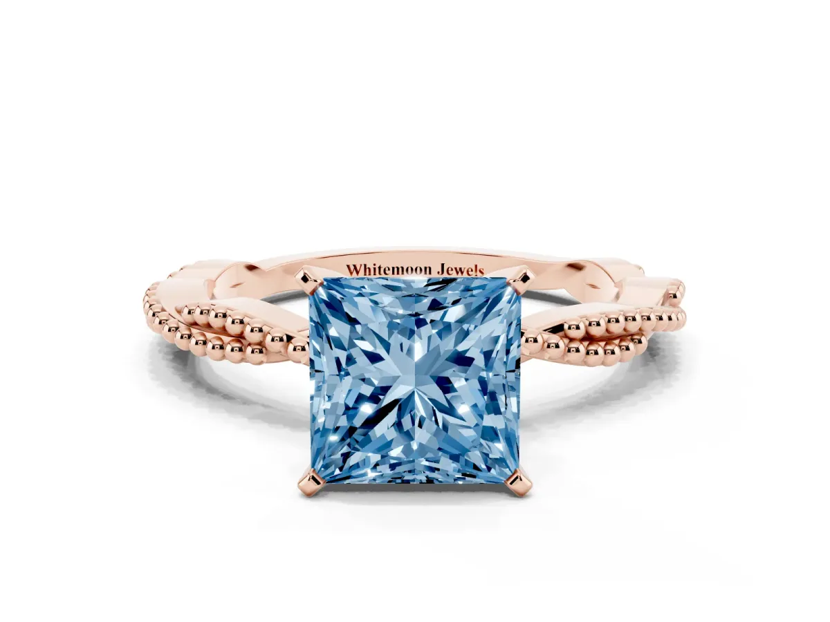 Fancy Blue Princess Cut Solitaire Twisted Band with Bead Prong Setting Rose gold