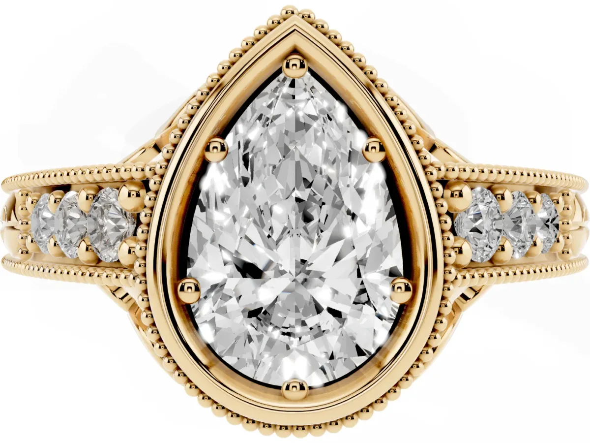 Bezel Set Pear Cut Diamond Milgrain Pave Engagement Ring Yellow gold