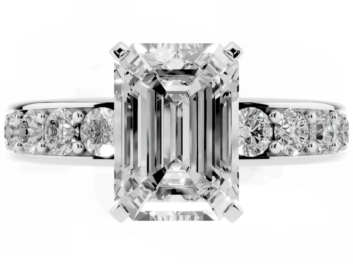 Emerald Cut Diamond Engagement Ring with Channel Set Round Band and Prong Setting Silver