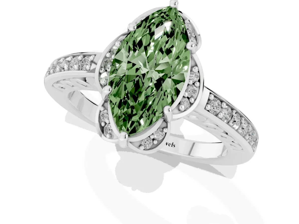 Fancy Green Marquise Cut Cut Halo Diamond Ring with Channel Set Band and Four-Prong Setting Silver