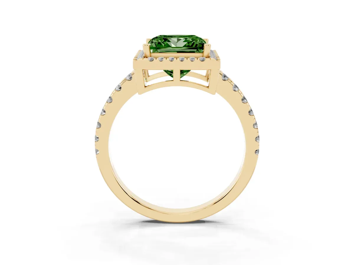Fancy Green Princess Cut Diamond Halo Ring with Pavé Band and Four-Prong Setting Yellow gold