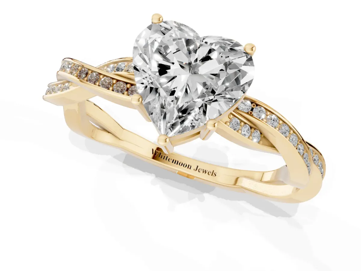Heart Cut Solitaire Twisted Pave Diamond Ring with Four-Prong Setting Yellow gold
