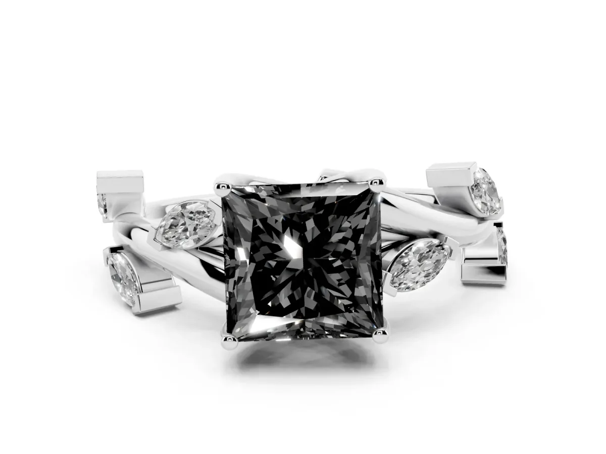 Fancy Black Princess Cut Solitaire Twisted Band Marquise Accent Prong Setting Ring Platinum