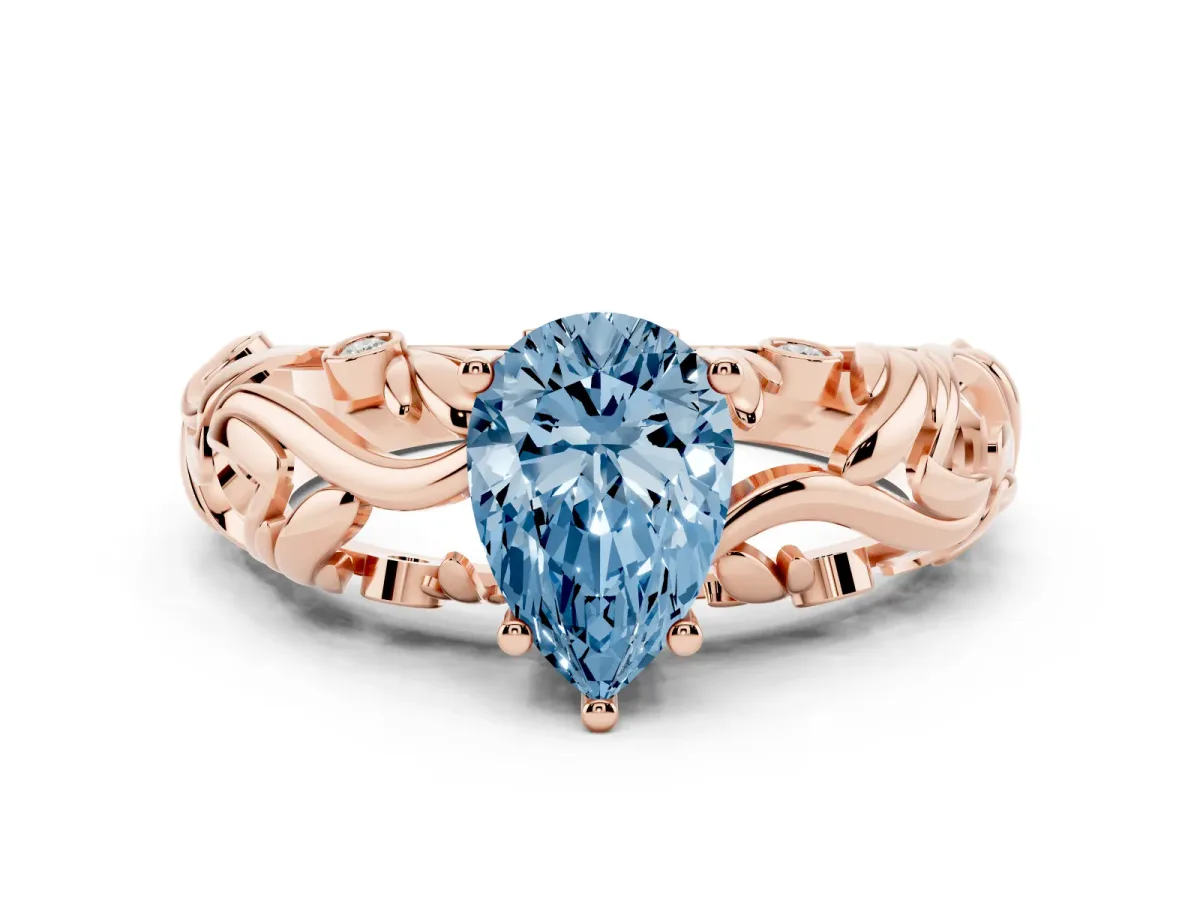 Fancy Blue Pear Cut Solitaire Diamond Leaf-Inspired Vine Band Ring with Prong Setting Rose gold