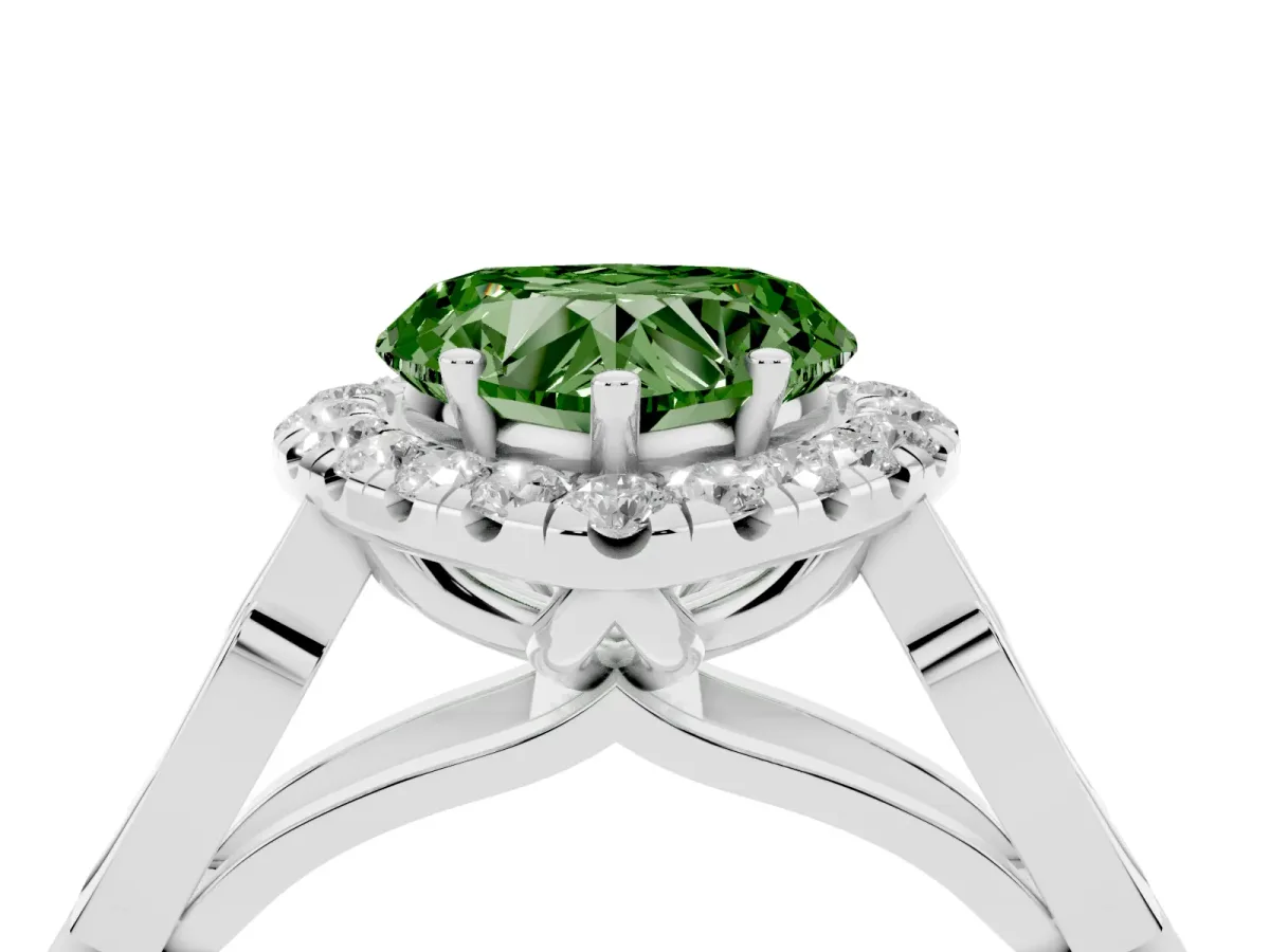 Fancy Green Heart Cut Halo Diamond Engagement Ring with Filigree Band and Four-Prong Setting Silver