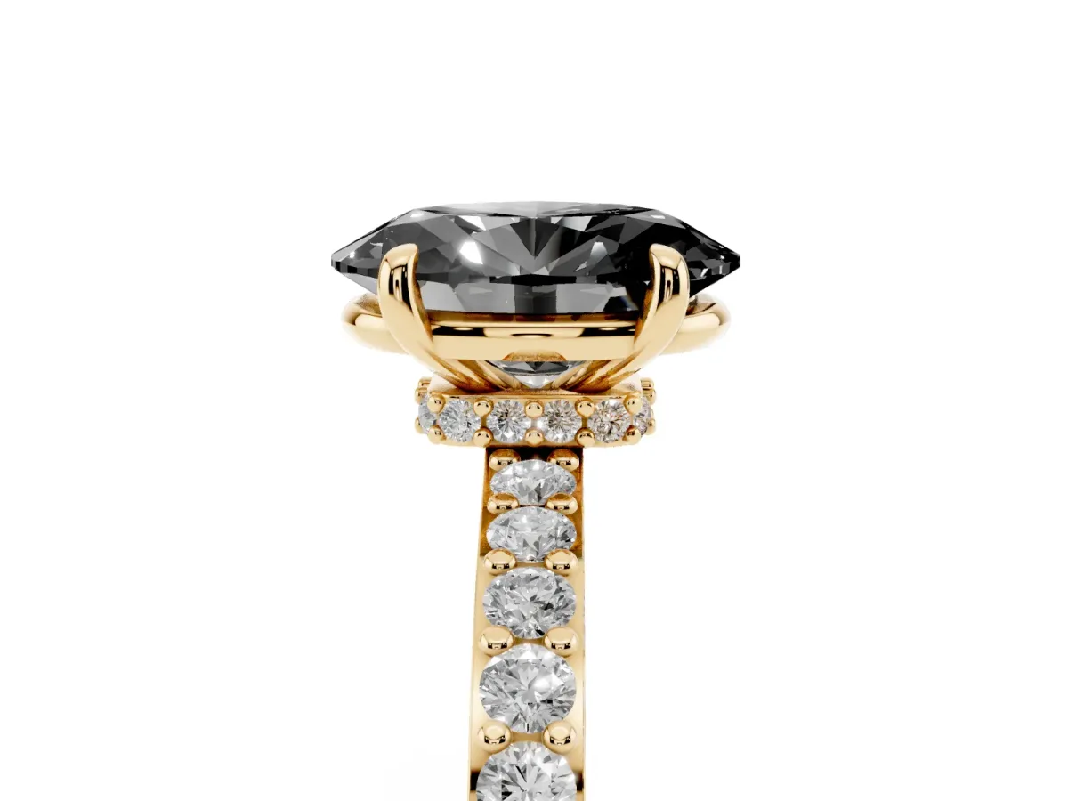 Fancy Black Oval Cut Diamond Pavé Engagement Ring with Round Accents and Prong Setting Yellow gold