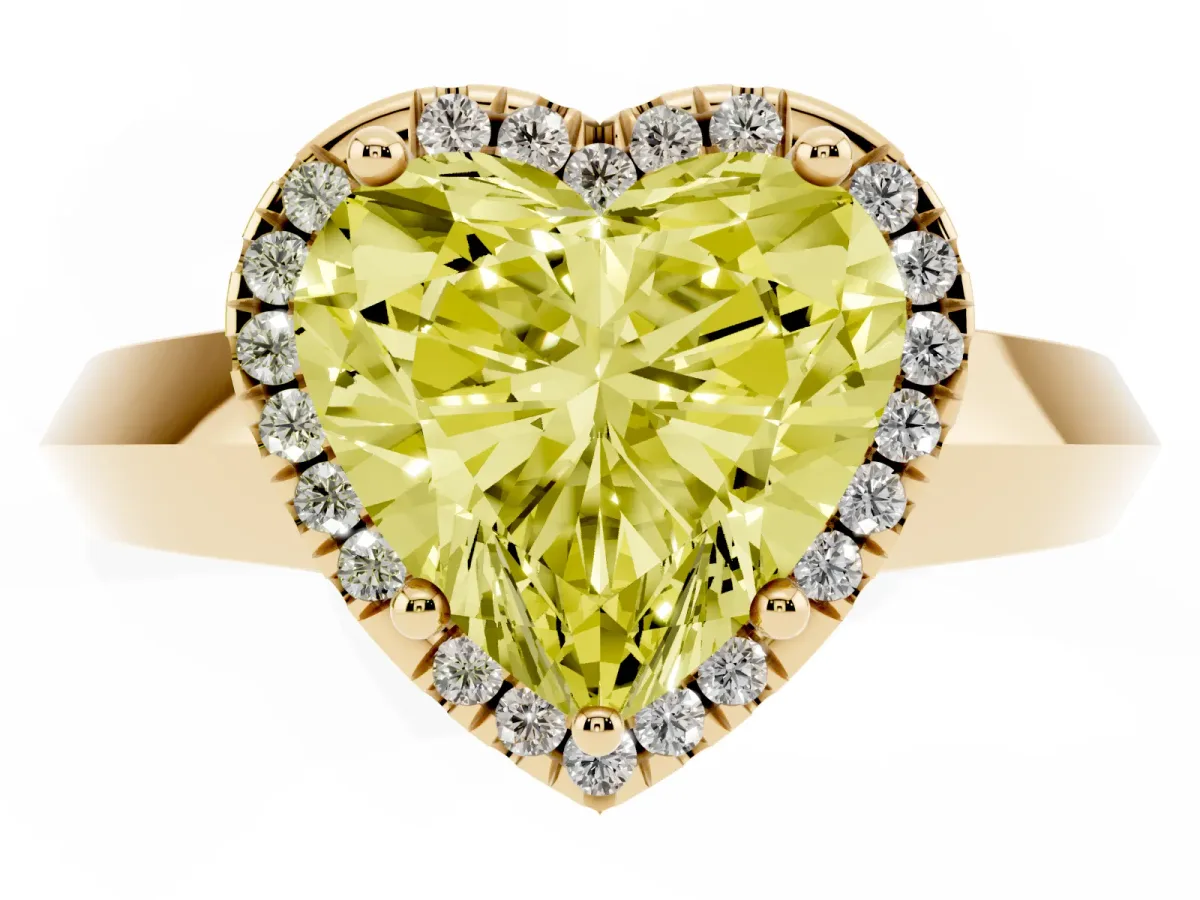 Fancy Yellow Heart Cut Halo Diamond Ring with Cathedral Band and Four-Prong Setting Yellow gold