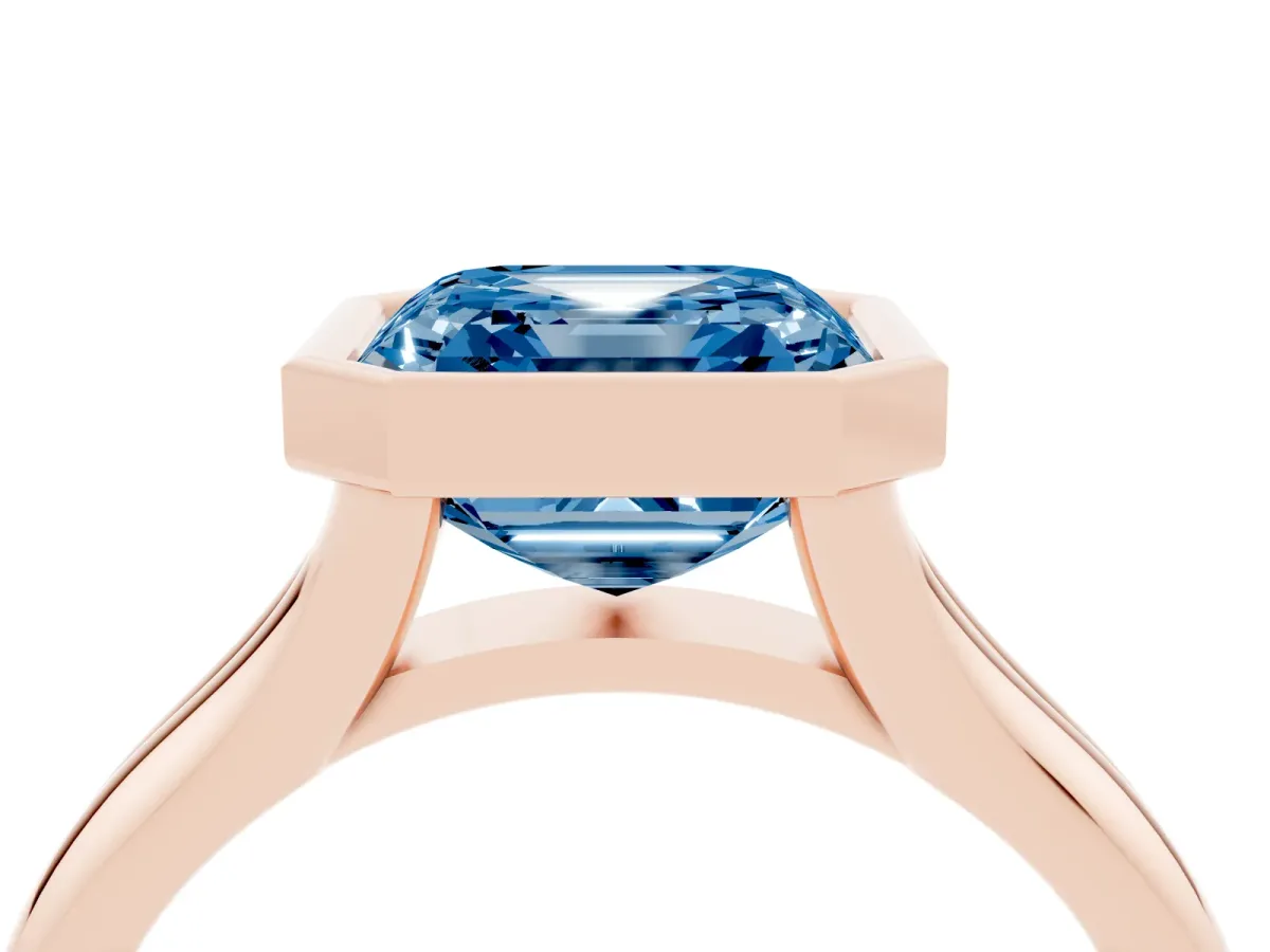 Fancy Blue Bezel Set Asscher Cut Solitaire Diamond Ring with Smooth Band Rose gold