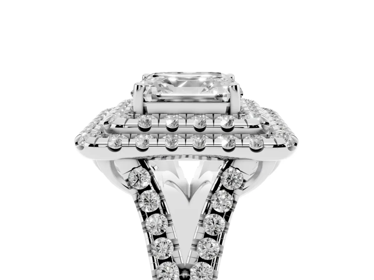 Double Halo Asscher Cut Diamond Pavé Split Shank Ring with Prong Setting Silver