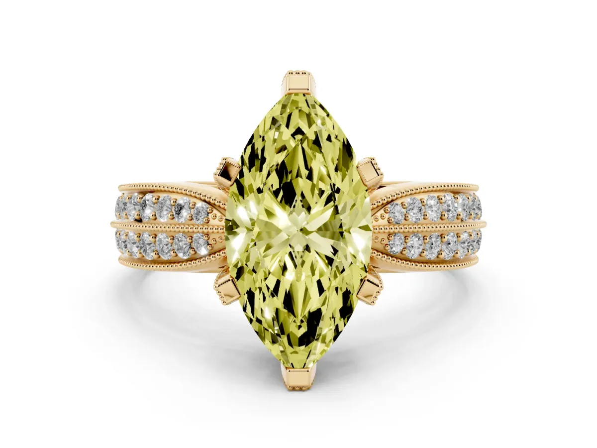Fancy Yellow Marquise Cut Diamond Solitaire Ring with Milgrain Round Pavé Band and Prong Setting Yellow gold