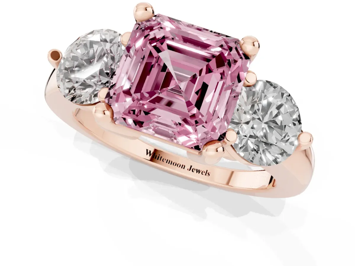 Fancy Pink Three-Stone Asscher Cut Brilliant Cut Solitaire Ring with Prong Setting on a Classic Band Rose gold