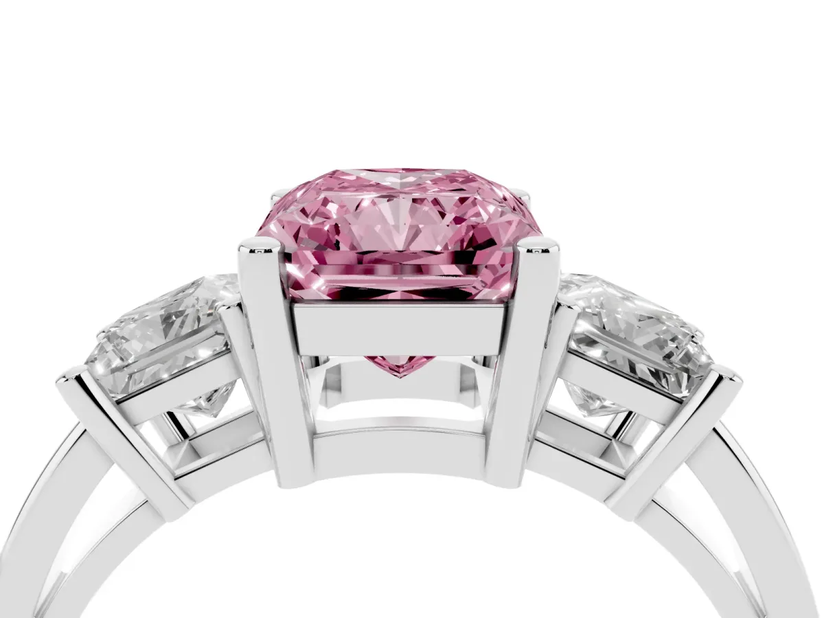 Fancy Pink Three-Stone Radiant Cut Cut Solitaire Ring with Prong Setting Platinum