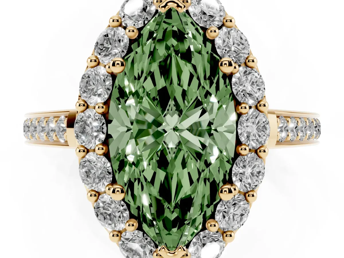 Fancy Green Marquise Cut Diamond Floral Halo Ring with Pavé Band and Prong Setting Yellow gold