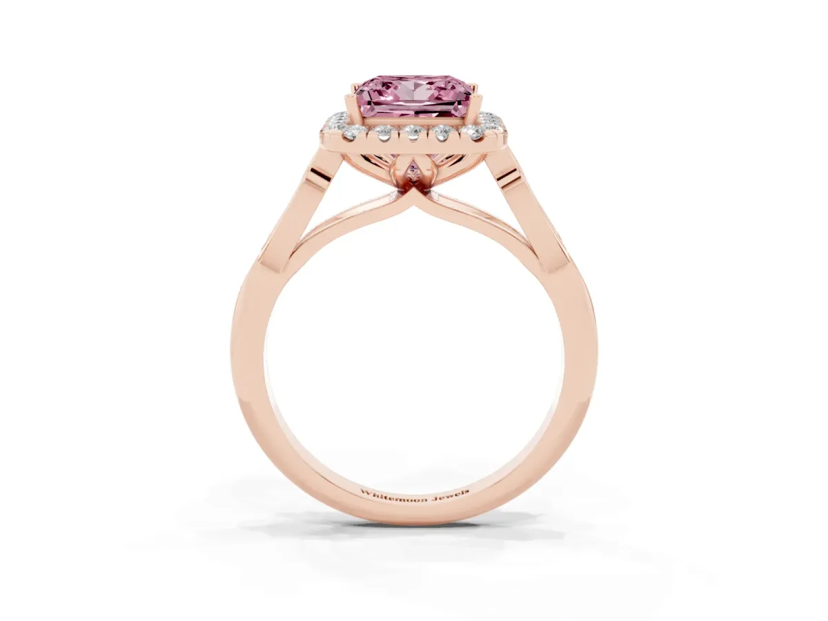 Fancy Pink Princess Cut Halo Diamond Engagement Ring with Filigree Band and Four-Prong Setting Rose gold