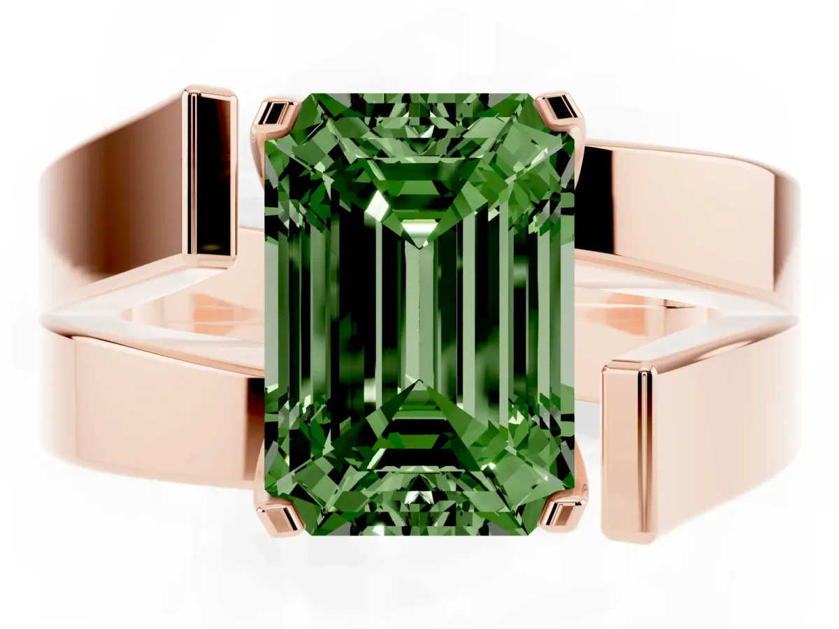 Fancy Green Modern Tension Set Emerald Cut Diamond Solitaire Wide Band Ring Rose gold