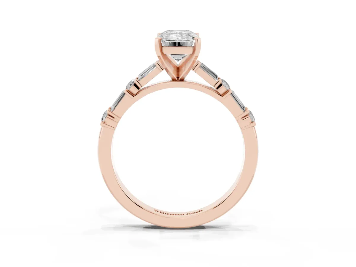 Emerald Cut Diamond Solitaire with Side Baguettes and Channel Set Band Rose gold