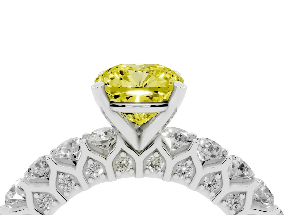 Fancy Yellow Cushion Cut Diamond Solitaire Ring with Shared Prong Pavé Band and Four-Prong Setting Silver