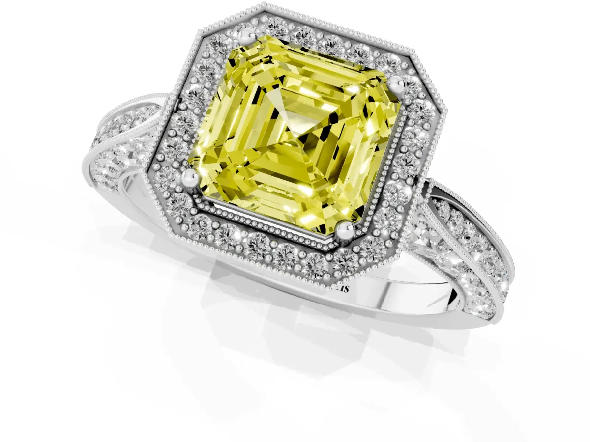 Fancy Yellow Asscher Cut Halo Diamond Engagement Ring with Split Shank Band and Four-Prong Setting Silver