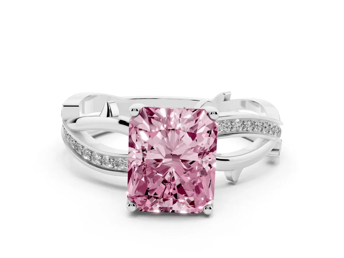 Fancy Pink Radiant Cut Solitaire Twist Band with Pavé Accents and Four-Prong Setting Silver