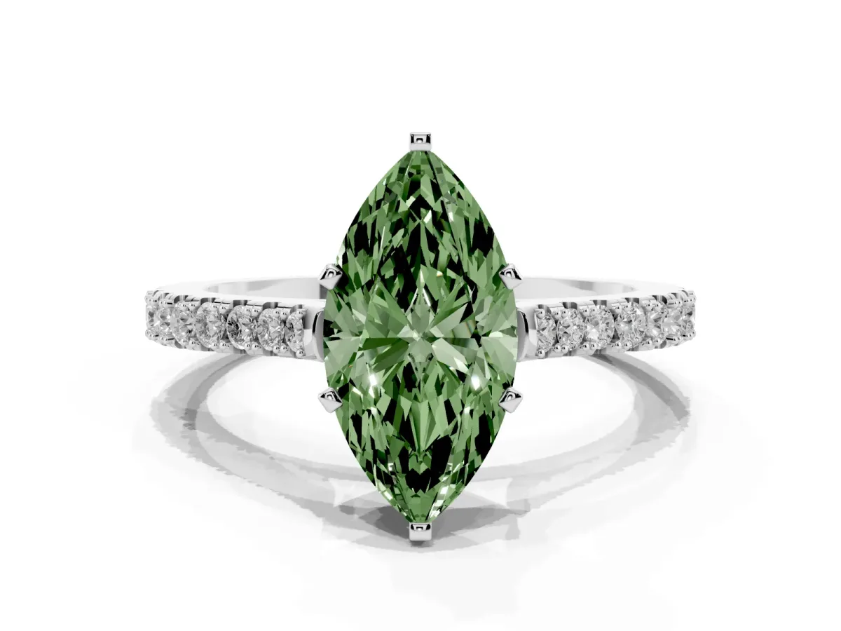 Fancy Green Marquise Cut Cut Solitaire Diamond Engagement Ring with Pave Band and Four-Prong Setting White gold