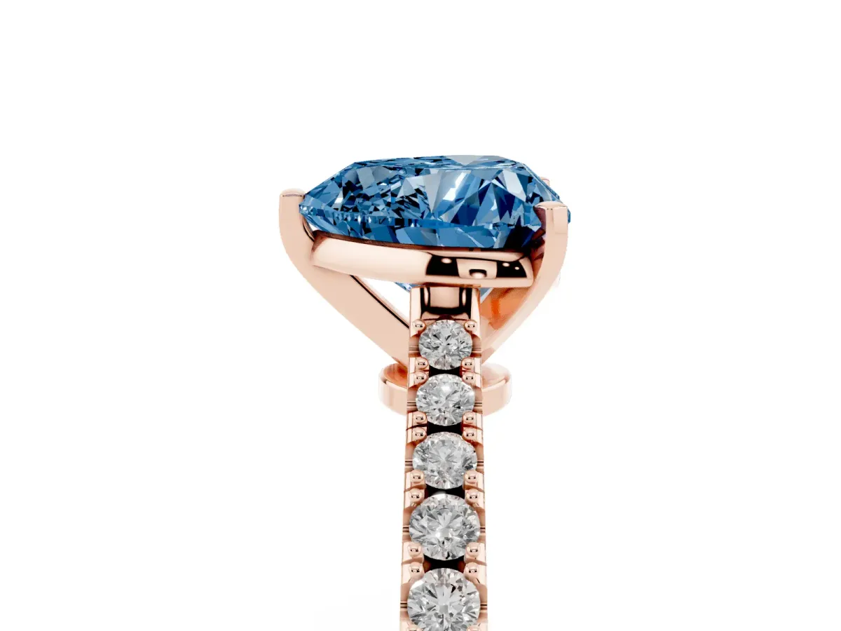 Fancy Blue Heart Cut Cut Solitaire Diamond Engagement Ring with Pave Band and Four-Prong Setting Rose gold