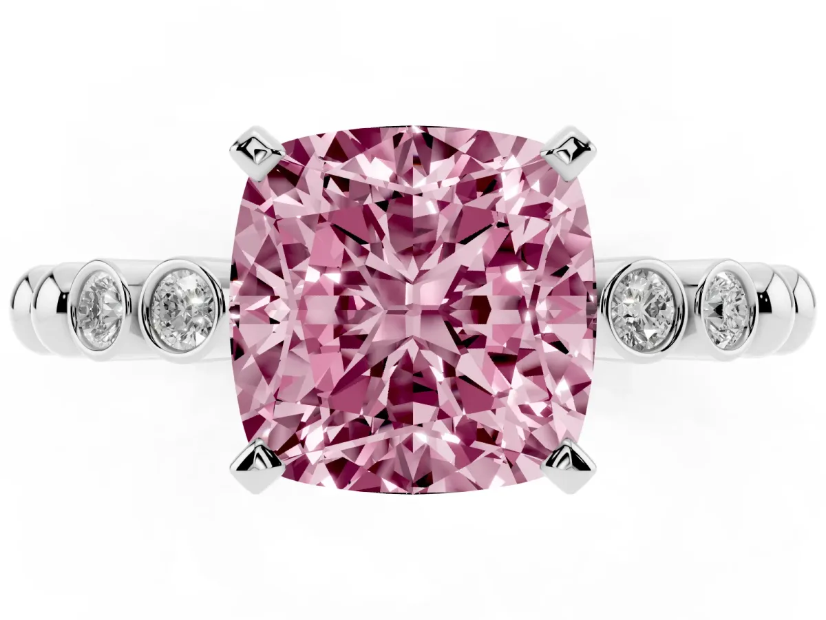Fancy Pink Cushion Cut Solitaire Bezel Accent Diamond Engagement Ring with Beaded Band and Four-Prong Setting Platinum