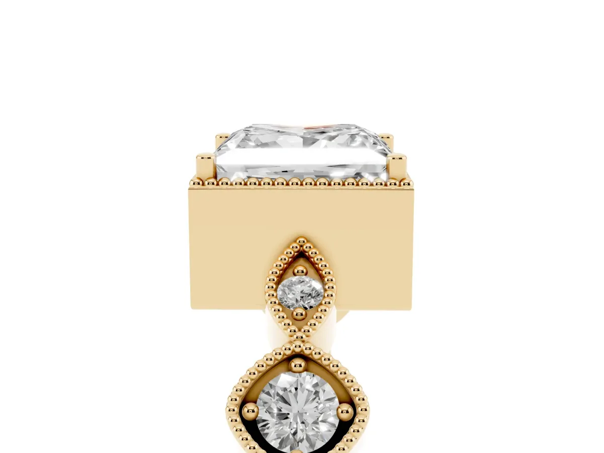 Princess Cut Diamond Vintage Milgrain Ring with Round Stations Yellow gold