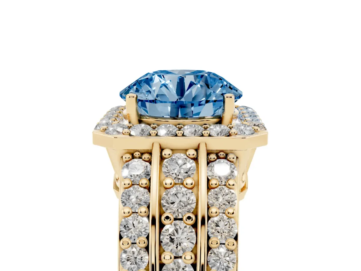Fancy Blue Round Cut Halo Diamond Ring with Round Split Shank and Prong Setting Yellow gold