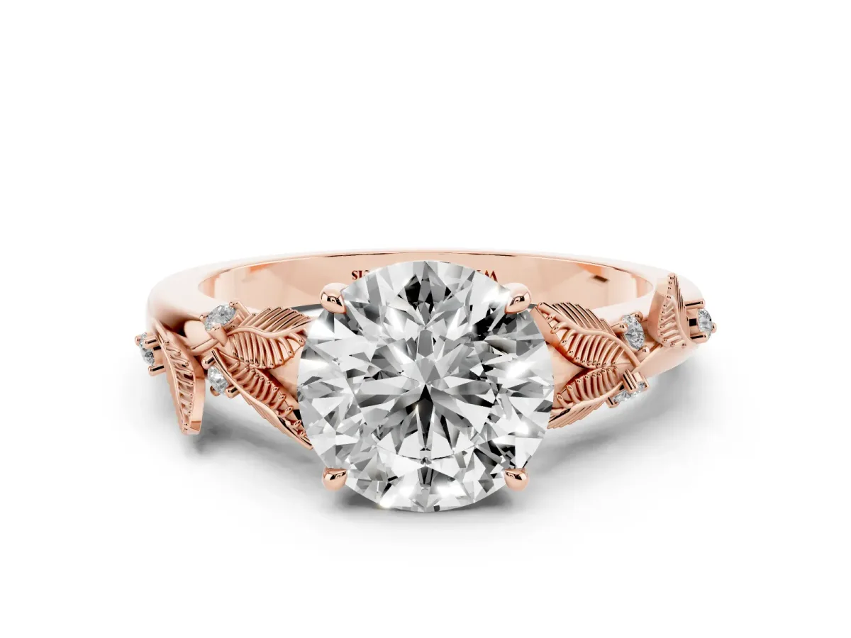 Round Cut Diamond Solitaire Ring with Leaf Motif Band and Four-Prong Setting Rose gold